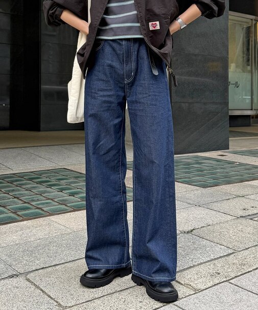 ハイウエストストレート麻混デニム