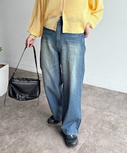 ハイウエストストレート麻混デニム
