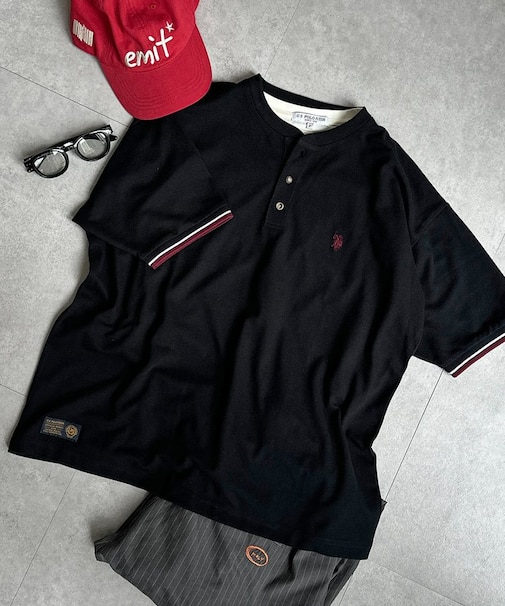 【U.S. POLO ASSN.】配色リブ鹿の子ヘンリー