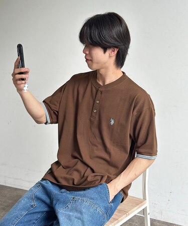 【U.S. POLO ASSN.】配色リブ鹿の子ヘンリー