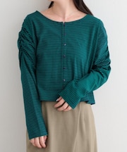 【Kastane】B ボーダーギャザーショルダーカーディガン