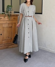 ベルト付きストライプ柄ワンピース