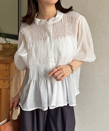 シアーシャーリング5分袖ブラウス