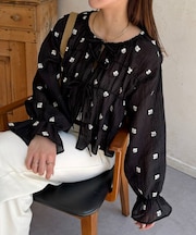 楊柳リボンシャーリングシアーブラウス