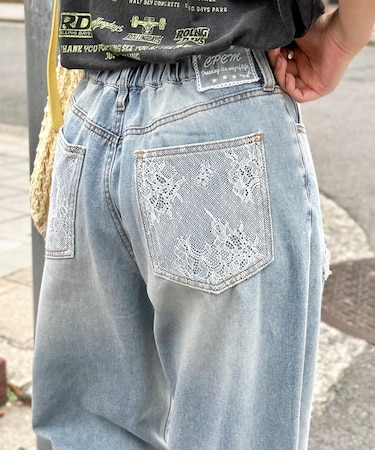 ダメージレースデニムパンツ