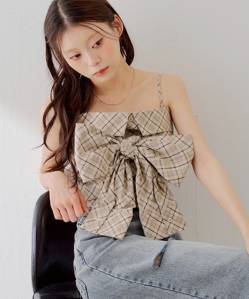 【Chico】チェックリボンベアトップス