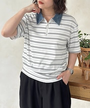 襟デニム半袖ハーフジップ