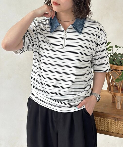 襟デニム半袖ハーフジップ