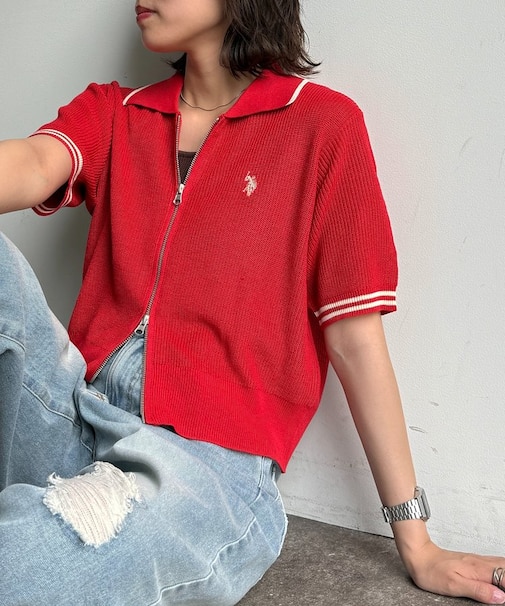 【U.S. POLO ASSN.】襟付きジップ半袖カーディガン
