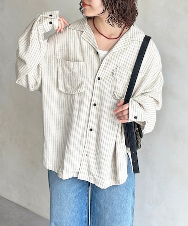 リネン混長袖開襟シャツ