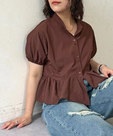 裾フリルバンドカラーシャツ