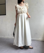 フリルネックバックリボンフレアワンピース
