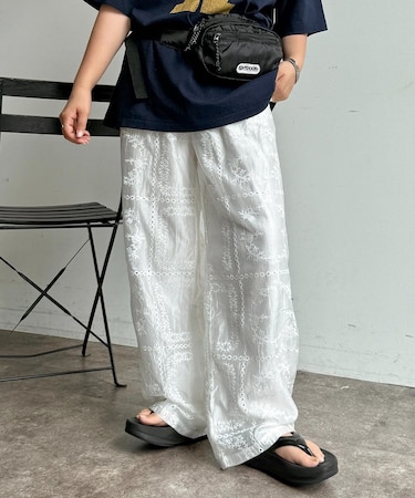 【セットアップ着用可】パッチワーク刺繍シアーパンツ