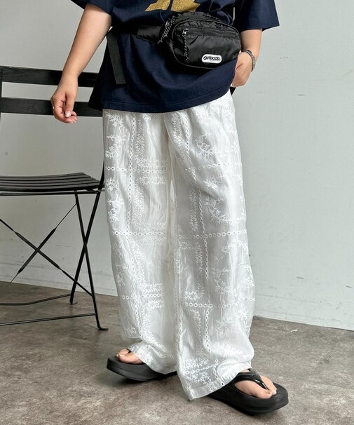 【セットアップ着用可】パッチワーク刺繍シアーパンツ