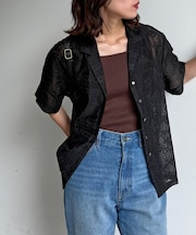 【セットアップ着用可】パッチワーク刺繍半袖シアーシャツ