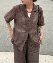 【セットアップ着用可】パッチワーク刺繍半袖シアーシャツ