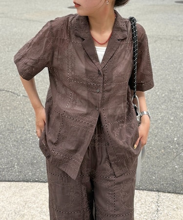 【セットアップ着用可】パッチワーク刺繍半袖シアーシャツ
