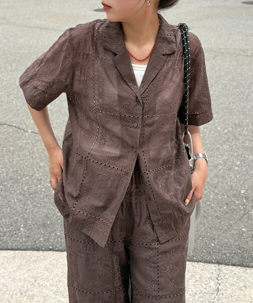 【セットアップ着用可】パッチワーク刺繍半袖シアーシャツ