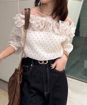 フリルネックドットシアーブラウス
