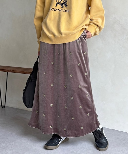 【セットアップ着用可】小花刺繍ベロアナロースカート