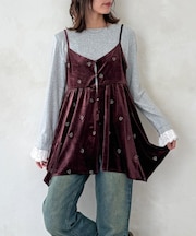 【セットアップ着用可】小花刺繍ベロアイレヘムキャミ