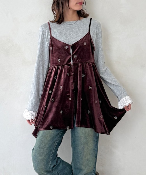 【セットアップ着用可】小花刺繍ベロアイレヘムキャミ