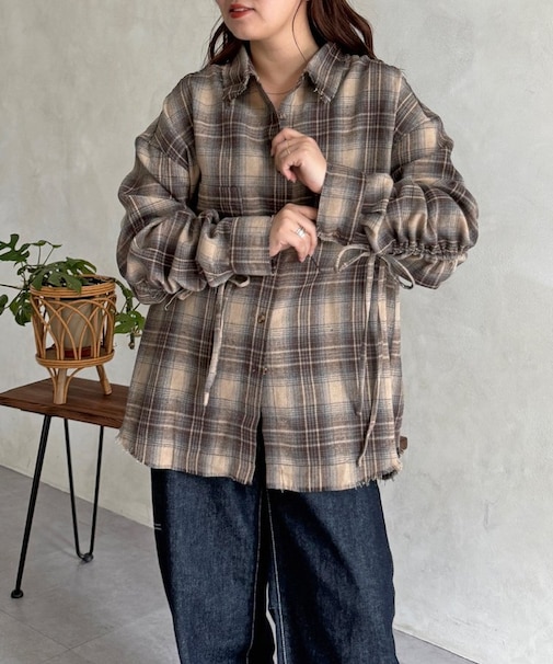 シャーリングフリンジチェックシャツ