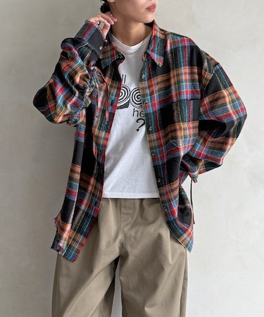 シャーリングフリンジチェックシャツ