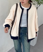 同色花柄クルージップカーディガン