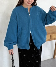 同色花柄クルージップカーディガン