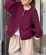 同色花柄クルージップカーディガン