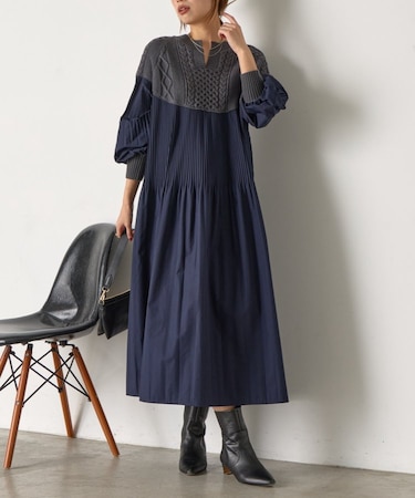 ケーブルニットプリーツワンピース