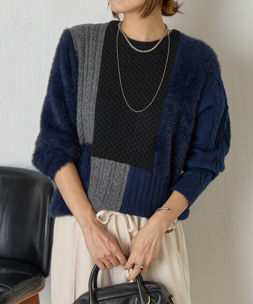 パッチワークフェザーニット