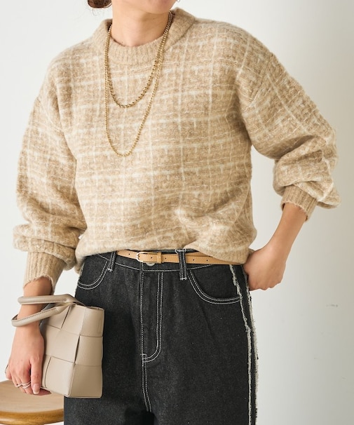 格子ジャガードクルーニット