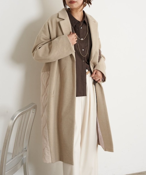 キルティング切替ロングコート