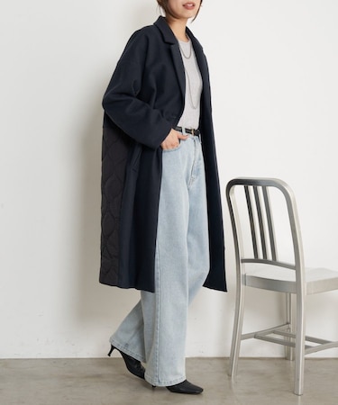 キルティング切替ロングコート