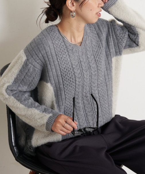 ケーブルラメシャギーニット