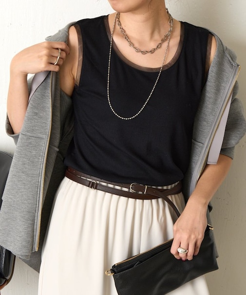 【ほんのり透けニュアンス】チュール付リブタンク