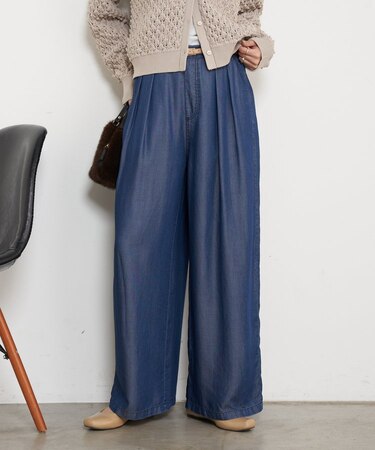 【やわらぐシルエット/きれい見え】テンセルタックワイドパンツ