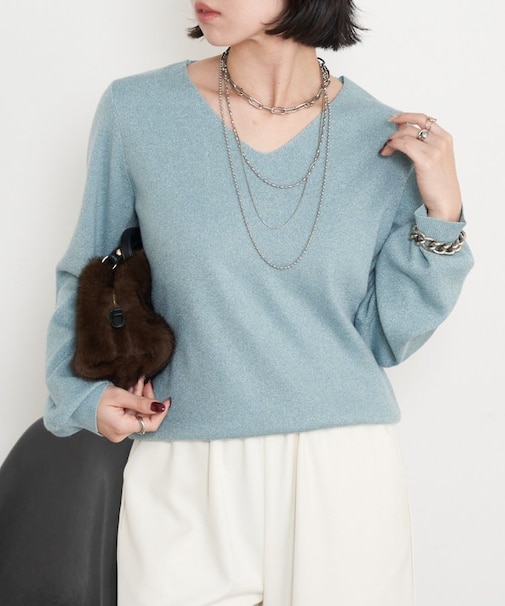 【春まで着れる】ラメプレーティングVニット