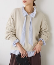 【スッキリ小顔見え◎】袖ケーブルVニット