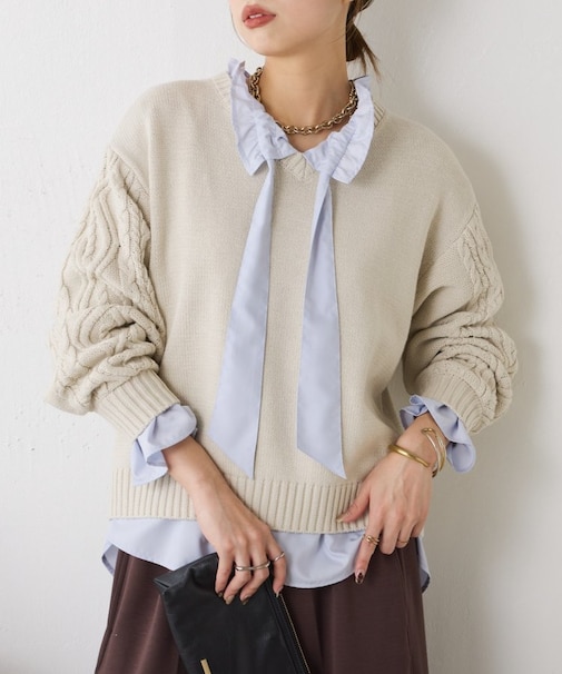 【スッキリ小顔見え◎】袖ケーブルVニット