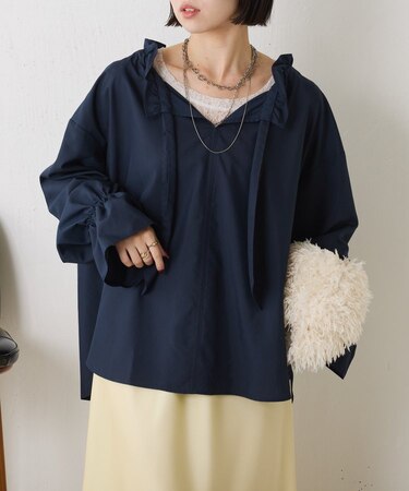 【上品フリル】袖フリルリボンタイブラウス