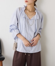 【上品フリル】袖フリルリボンタイブラウス