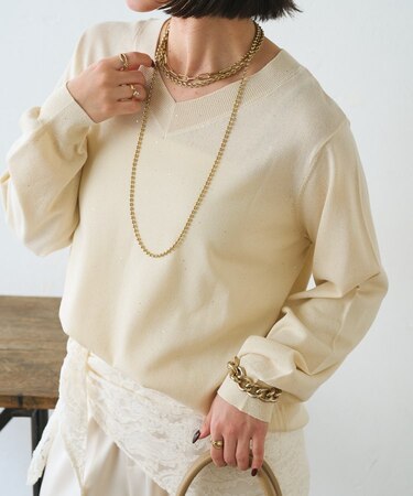 【上品華やぎ】ミニスパンコールVニット