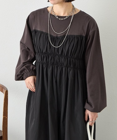 異素材シャーリングワンピース