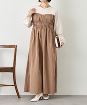 異素材シャーリングワンピース