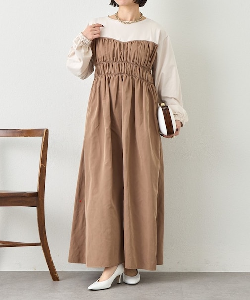 異素材シャーリングワンピース