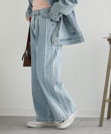 【脚長美シルエット】脇切替フリンジパンツ