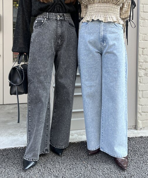 【M/Lサイズ展開】《スタイルアップシルエット》ストーン付デニム